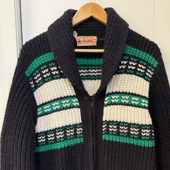 Eclectic Grandpa Chunky Knit Zip Cardigan Vintage Canadian Kurl King 60’s - Picture 2 of 11